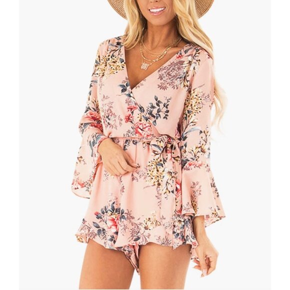 Pink Floral Rose Printed Chiffon Belted Ruffle Long Sleeve Romper Short Dress - Picture 4 of 6